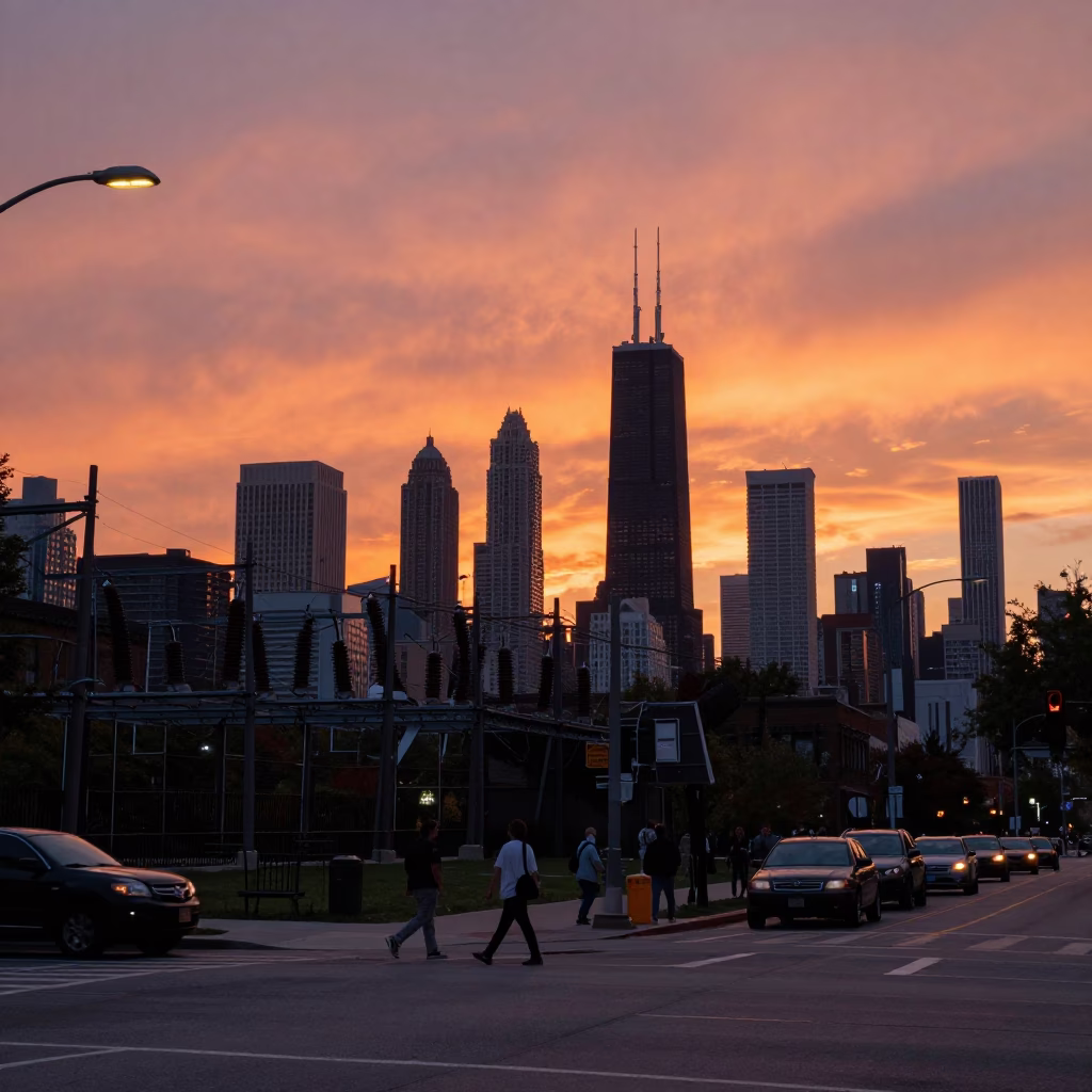 Chicago Sunset Street Scene with Substation Busbars and Urban Life in in Chicago, Illinois, United States