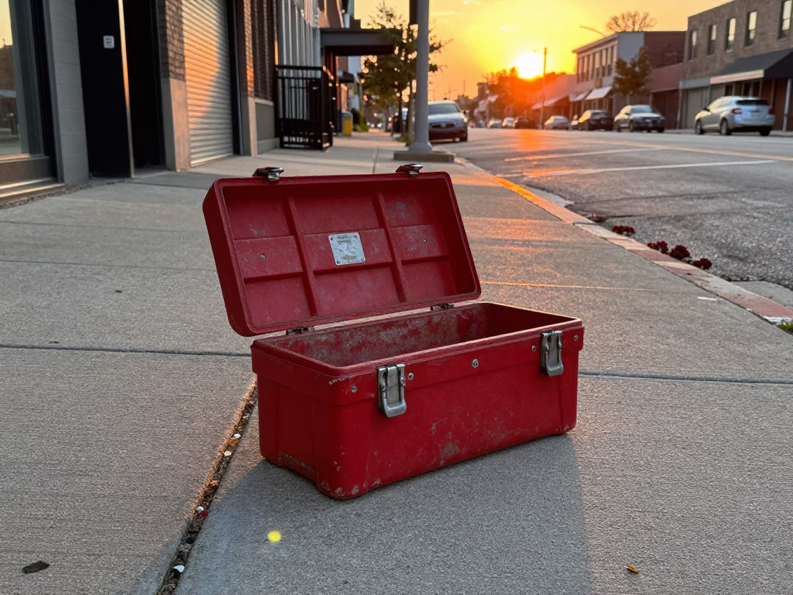 Chicago Sunset Street Scene with Toolbox and Berry on Concrete Sidewalk in in Chicago, Illinois, United States