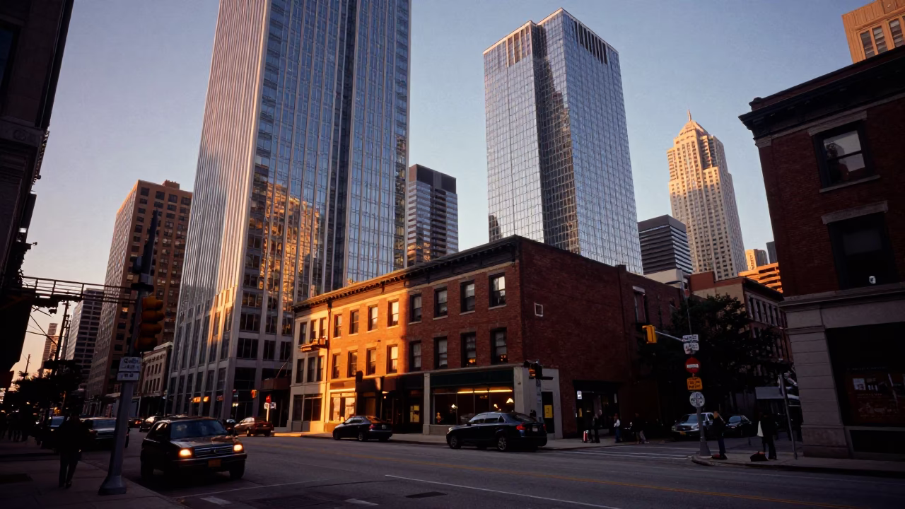 Chicago Sunset Street Scene with Urban Architecture and City Life in in Chicago, Illinois, United States
