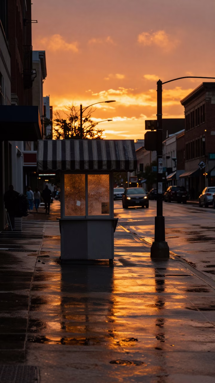 Chicago Sunset Street Scene with Valet Stand and Reflections of Headlights and Tail Lights in in Chicago, Illinois, United States