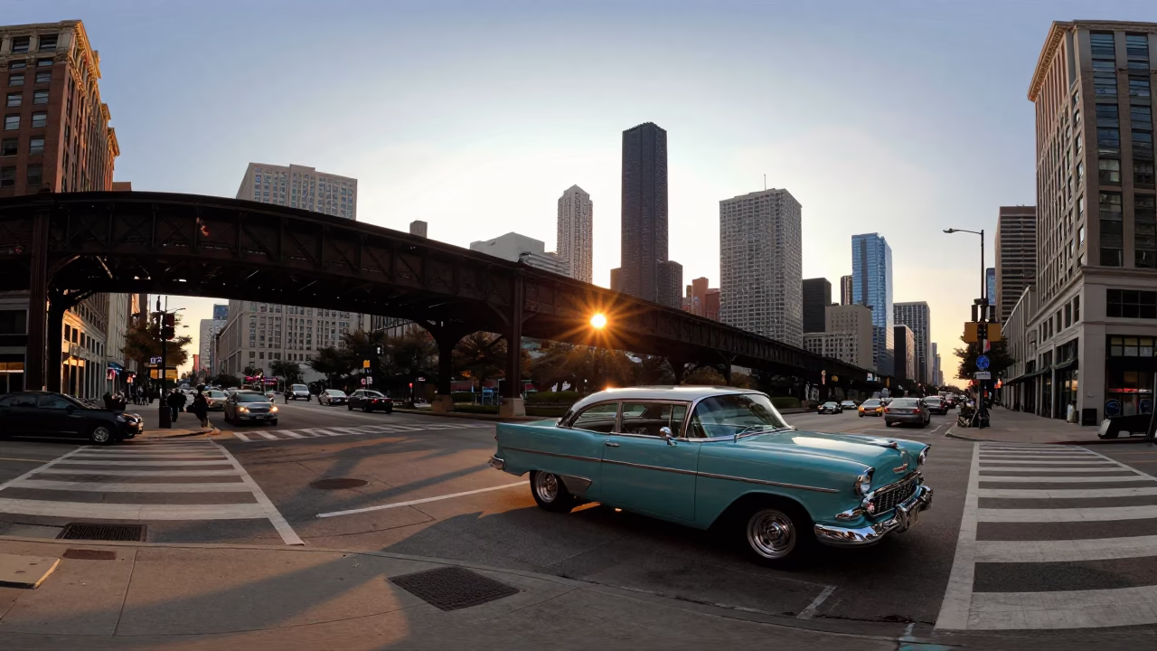 Chicago Sunset Street Scene with Vintage Cars and City Viaduct Shadows in in Chicago, Illinois, United States