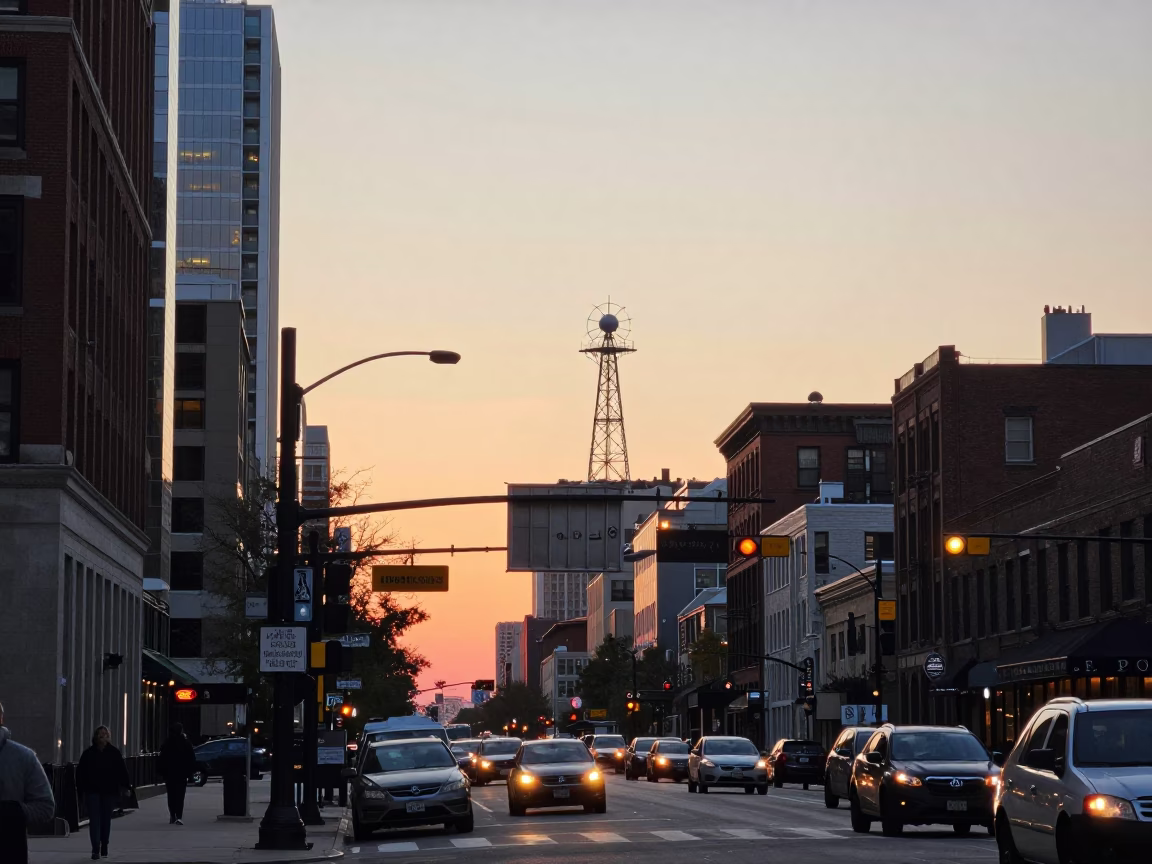 Chicago Sunset Street Scene with Weather Radar and Urban Details in in Chicago, Illinois, United States
