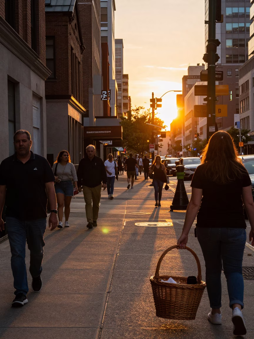 Chicago Sunset Street Scene with Wicker Basket and Urban Details in in Chicago, Illinois, United States