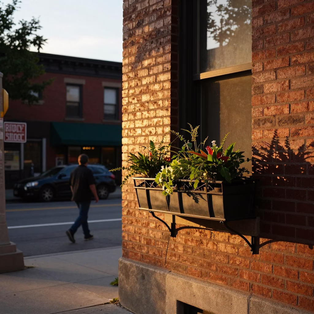 Chicago Sunset Street Scene with Window Box and Commuter Train Platform in in Chicago, Illinois, United States