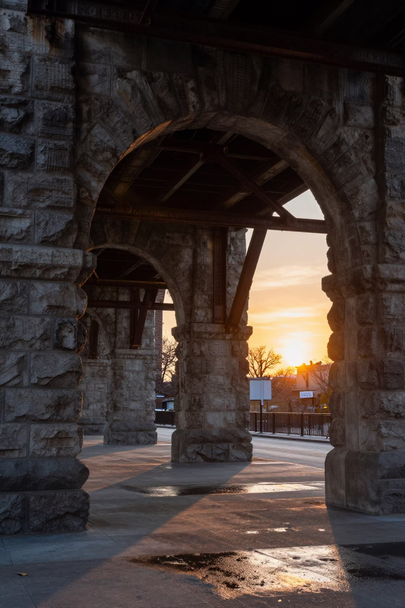 Chicago Sunset Viaduct Arch Undercroft Dripping Ferny Stone Industrial Decay in in Chicago, Illinois, United States