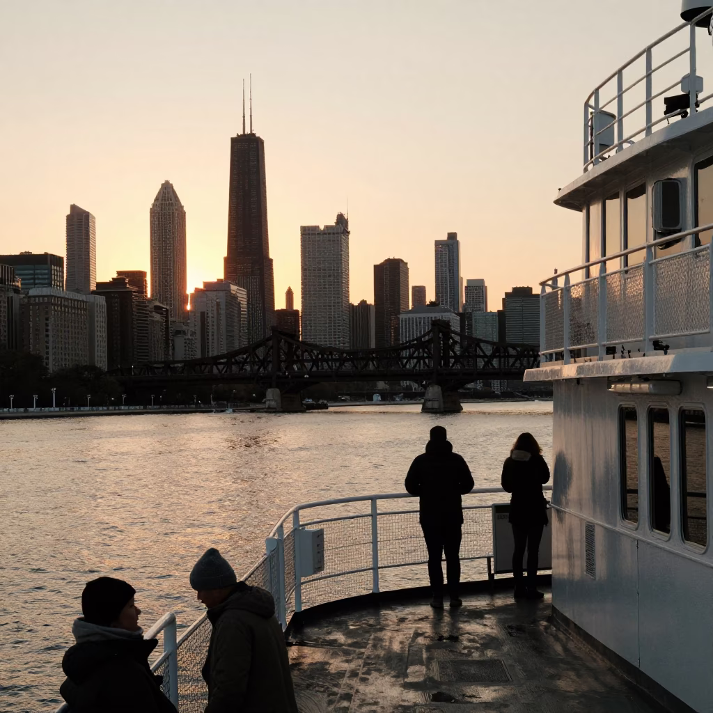 Chicago Sunset View from Ferry Deck with City Skyline and Glass of Red Wine in in Chicago, Illinois, United States