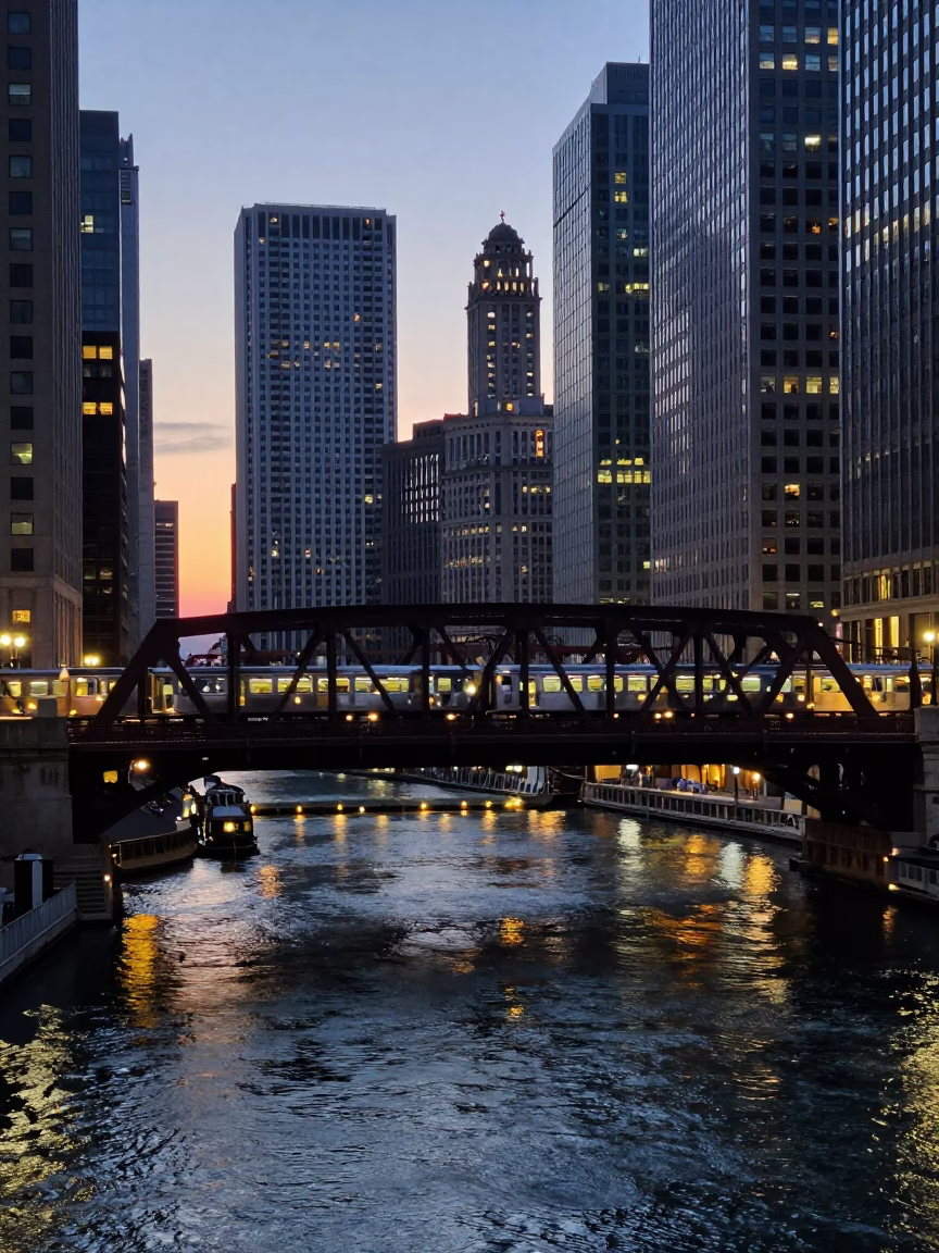 Chicago Twilight Commuter Train Crossing Bridge Blue Hour Cityscape in in Chicago, Illinois, United States