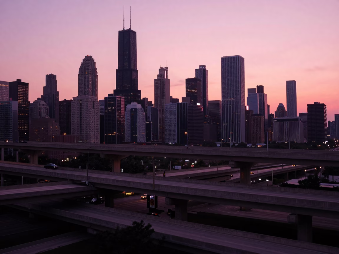 Chicago Twilight Highway Flyover Stack Cutting Across Pink Evening Sky in in Chicago, Illinois, United States
