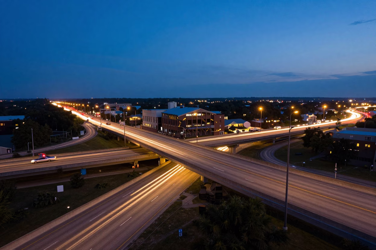 Chicago Twilight Overpass Interchange Lane Split Lit by Taillight Streaks in in Chicago, Illinois, United States