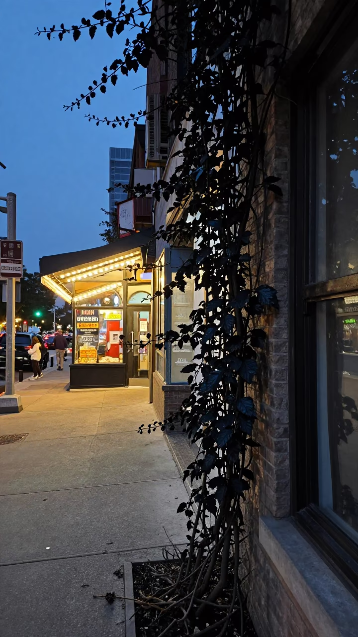 Chicago Twilight Street Scene with Black Pepper Vine and Urban Life in in Chicago, Illinois, United States