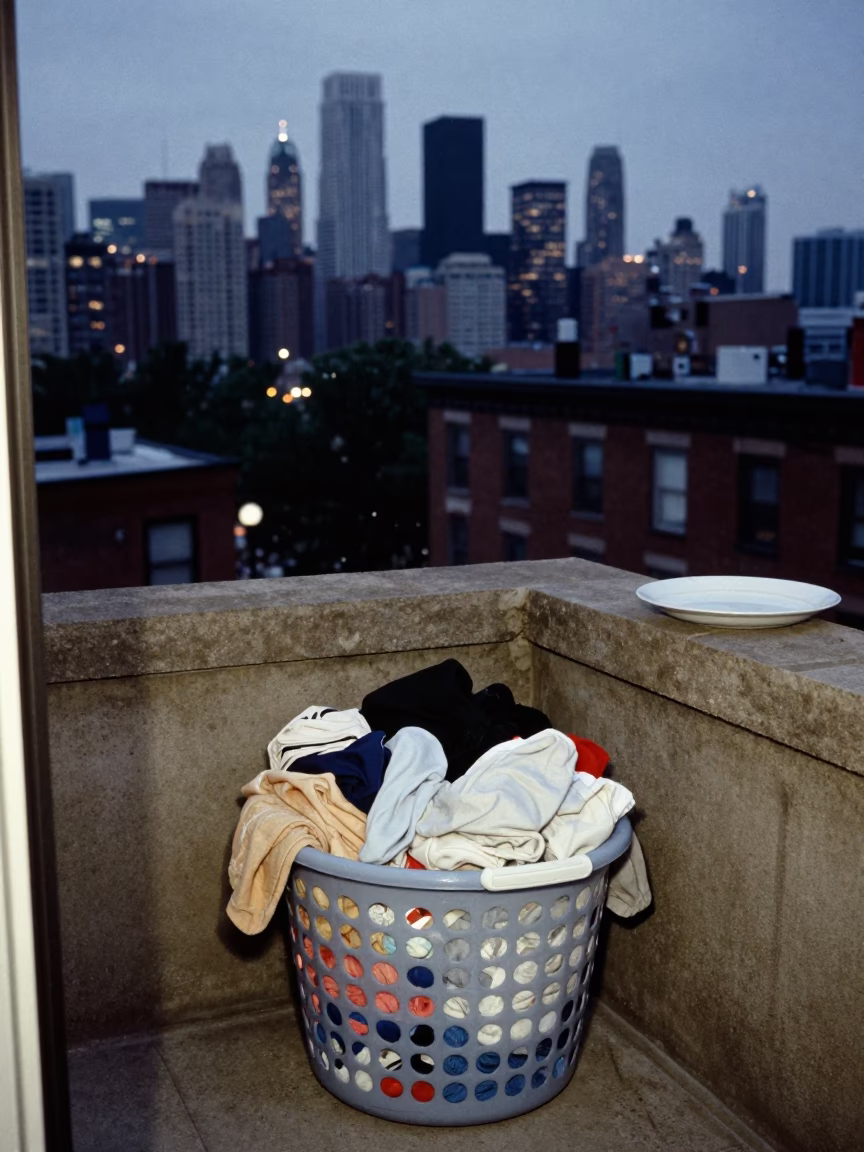 Chicago Twilight Street Scene with Laundry Basket and Plate on Balcony in in Chicago, Illinois, United States