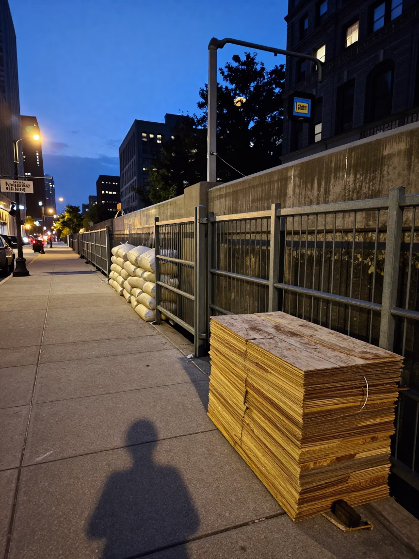 Chicago Twilight Street Scene with Levee Floodgate and Sandbags in in Chicago, Illinois, United States