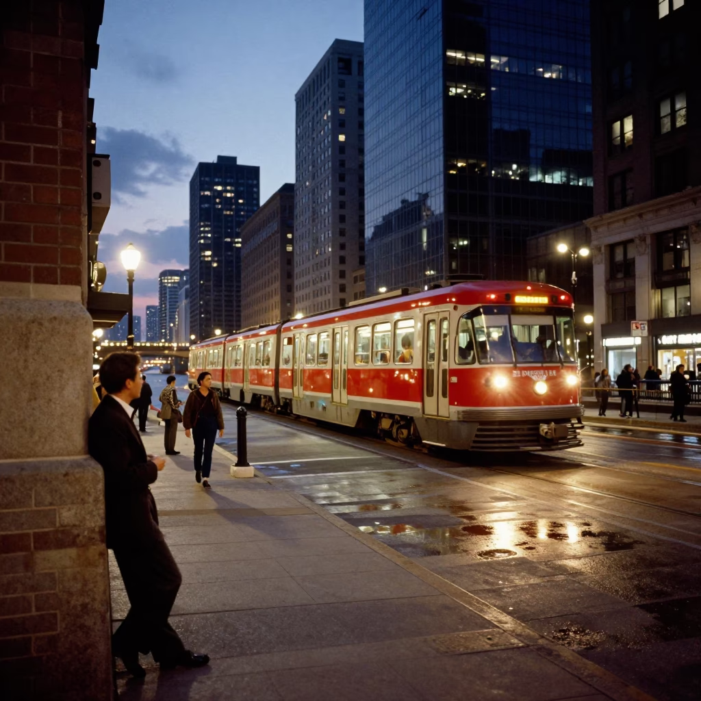 Chicago Twilight Street Scene with Monorail and River View in in Chicago, Illinois, United States