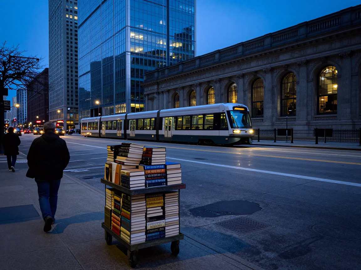 Chicago Twilight Street Scene with Monorail Reflection and Library Cart in in Chicago, Illinois, United States