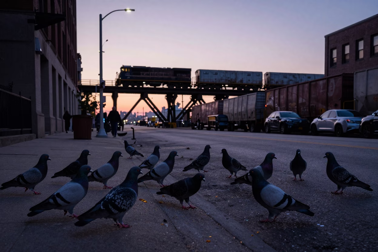 Chicago Twilight Street Scene with Pigeons and Distant Freight Train in in Chicago, Illinois, United States