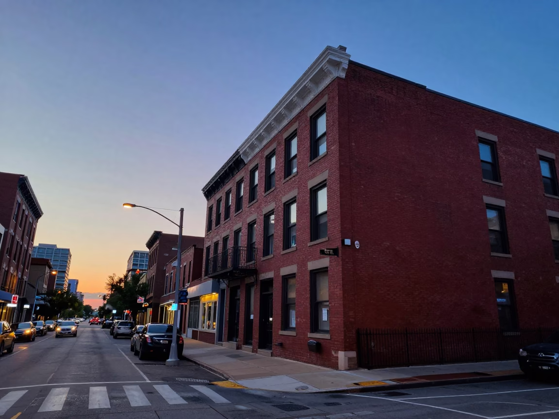 Chicago Twilight Street Scene with Red Brick Architecture and Urban Ambience in in Chicago, Illinois, United States