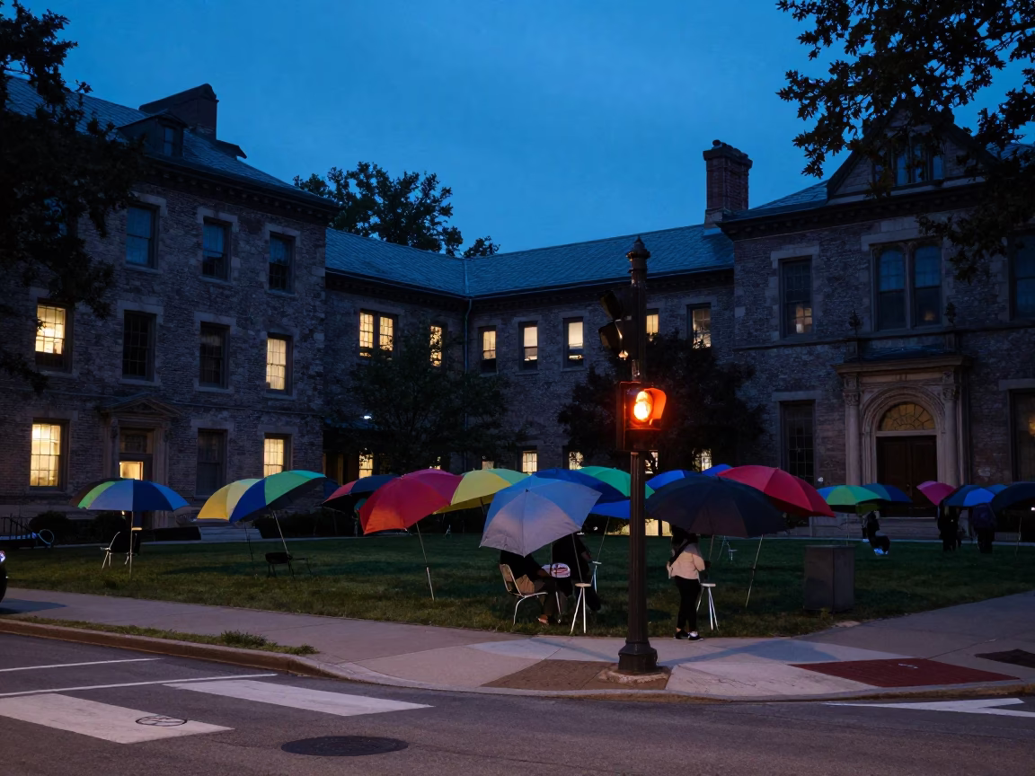 Chicago Twilight Street Scene with Umbrellas and Urban Architecture in in Chicago, Illinois, United States