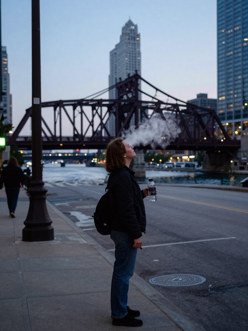 Chicago Twilight Street Scene with Water Bottle and Steam Locomotive Bridge Crossing in in Chicago, Illinois, United States