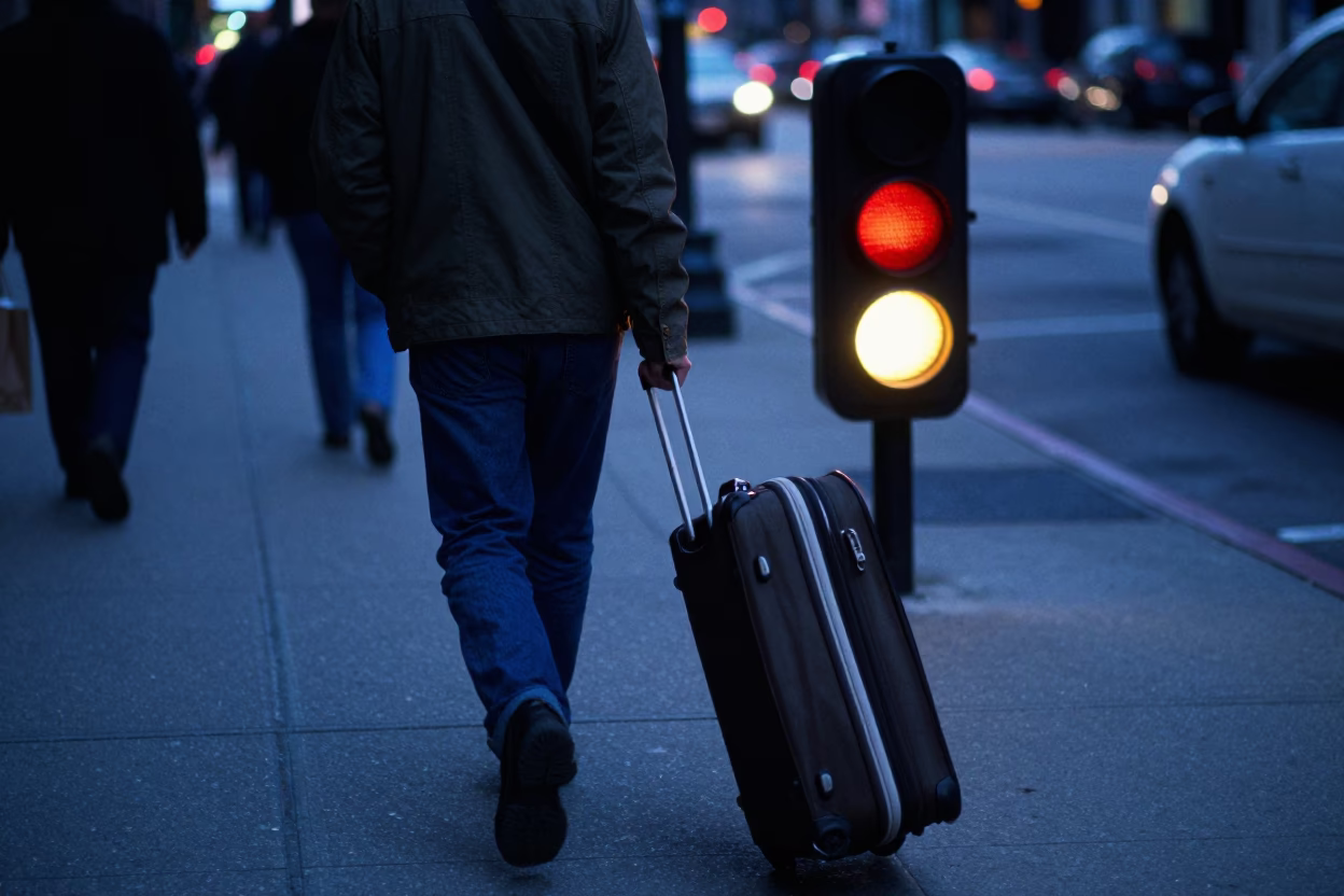 Chicago Twilight Urban Street Scene with Luggage and Signal Gantry in in Chicago, Illinois, United States