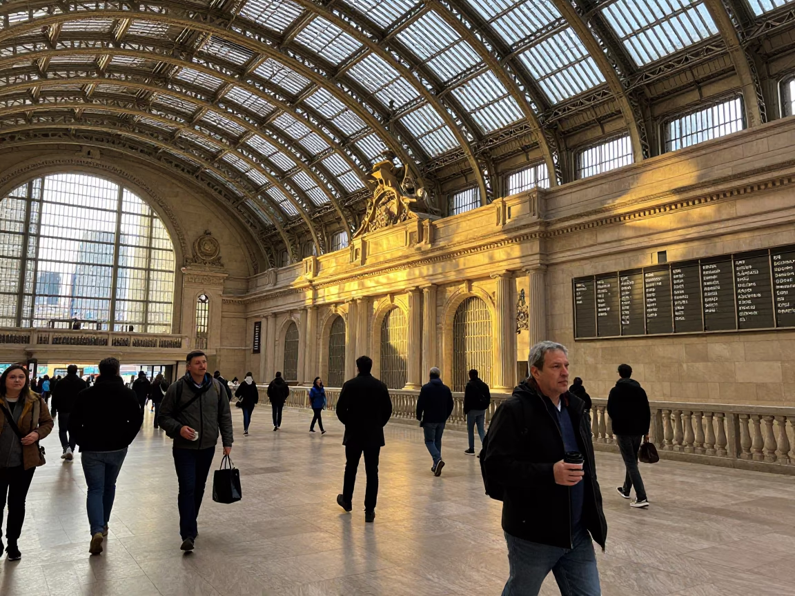 Chicago Union Station Arched Steel Roof in Honeyed Evening Light with Commuters in in Chicago, Illinois, United States