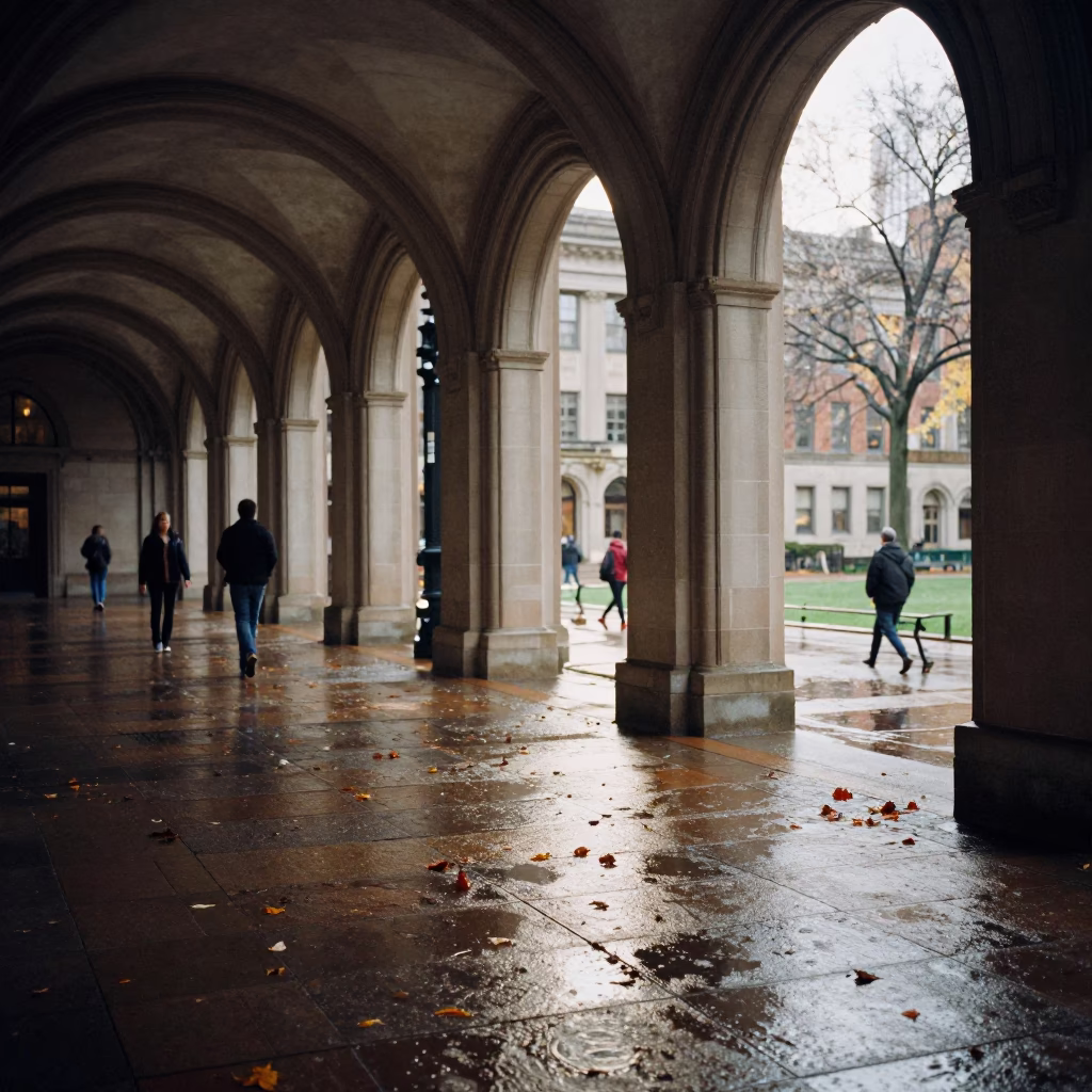 Chicago University Arcade First Light Wet Leaves and Student Life in in Chicago, Illinois, United States