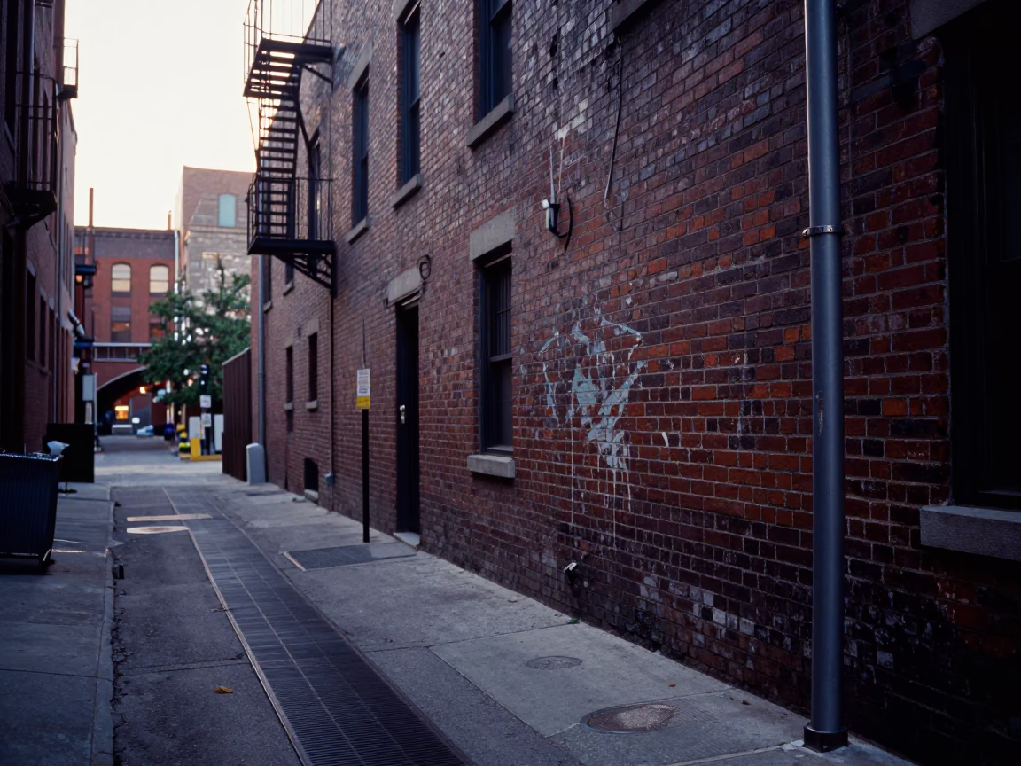 Chicago Urban Alleyway Before Dawn with Steel Sill and Latch Detail in in Chicago, Illinois, United States