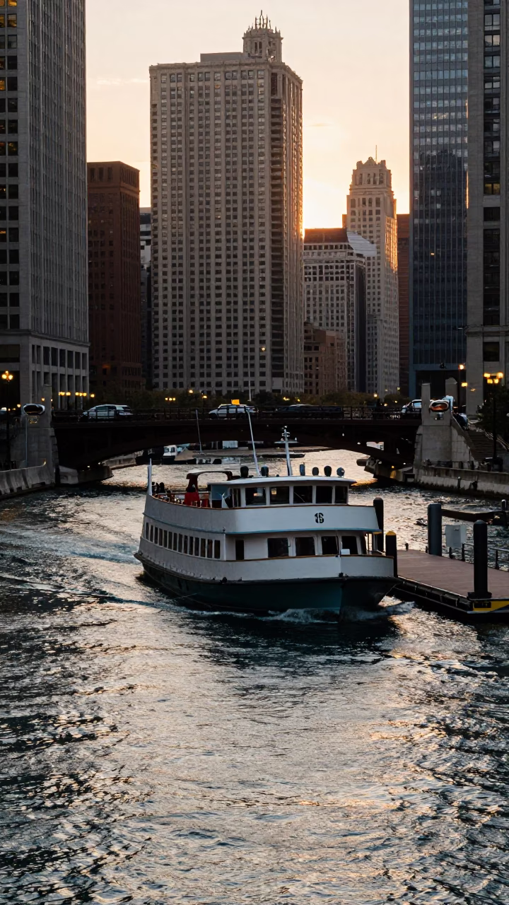 Chicago Water Taxi Docking at Sunset with Urban Skyline Reflections in Honeyed Light in in Chicago, Illinois, United States