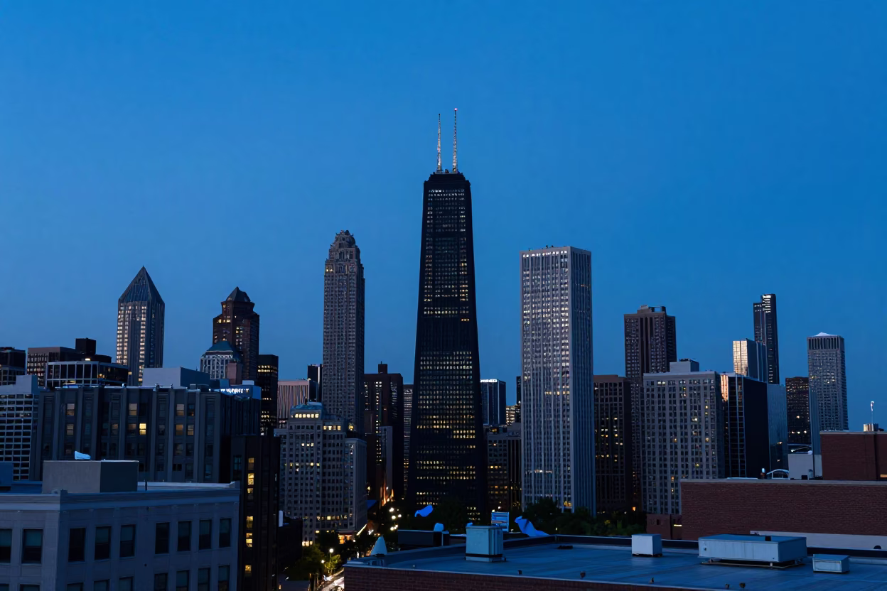 Chicago Water Tower Rooftop View During Blue Hour Evening Light in in Chicago, Illinois, United States