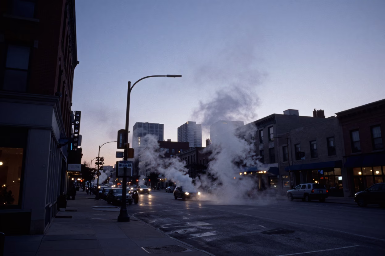 Chicago Winter Dawn Street Scene with Steam and Urban Elements in in Chicago, Illinois, United States