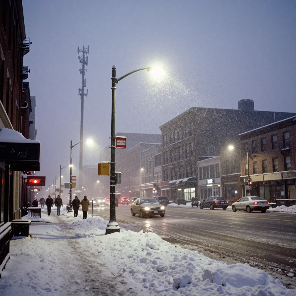 Chicago Winter Dawn Street Scene with Telecommunication Mast and Snow in in Chicago, Illinois, United States