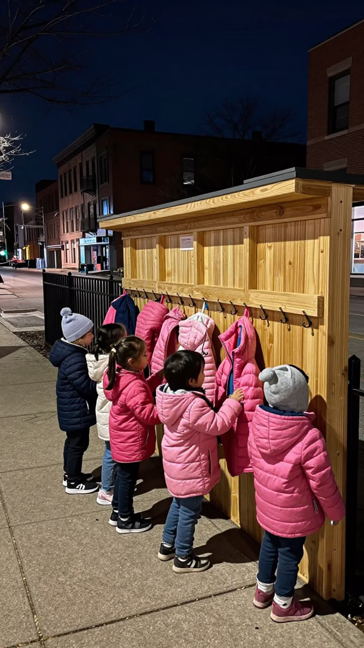 Chicago Winter Night Street Scene with Preschool Cubby Jackets and Boots in in Chicago, Illinois, United States