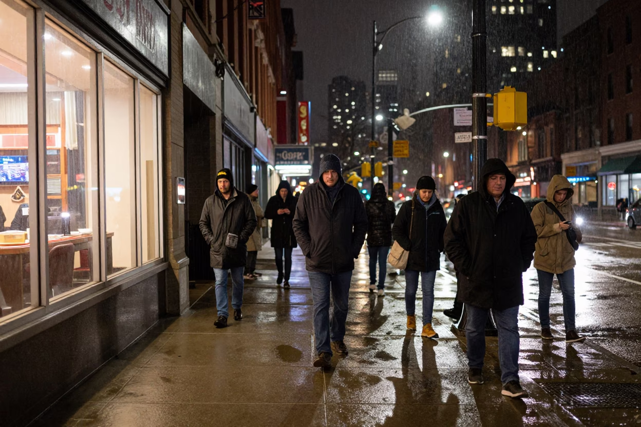 Chicago Wrigleyville Night Street Scene with Raincoats and Glass Jars in in Chicago, Illinois, United States