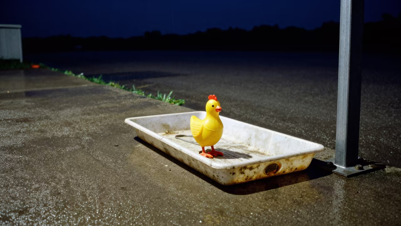 Chick Count Clicker Tray Night Feedlot Canada in along a feedlot lane in Canada