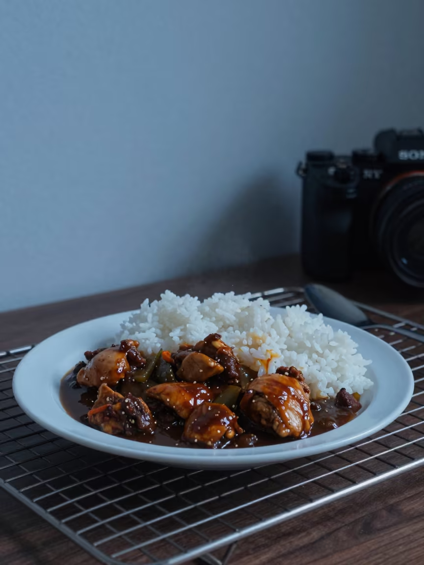 Chicken Adobo and Rice on Bakery Rack in on a bakery cooling rack in Manila