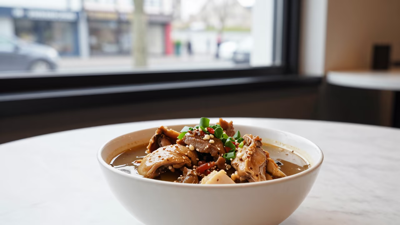 Chicken Noodle Bowl on Marble Cafe Table in on a marble cafe table in Christchurch