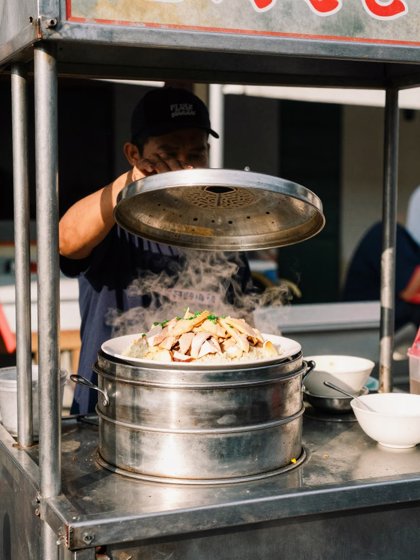 Chicken Rice in George Town at The Flat Glare Of Noon Light in in George Town, Malaysia