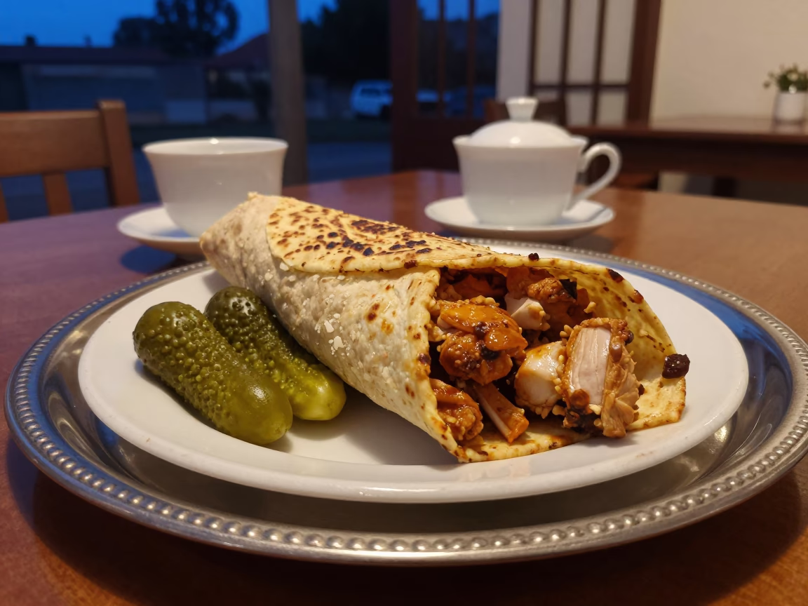 Chicken Shawarma with Pickles on Tea Tray in on a tea house tray in Belem