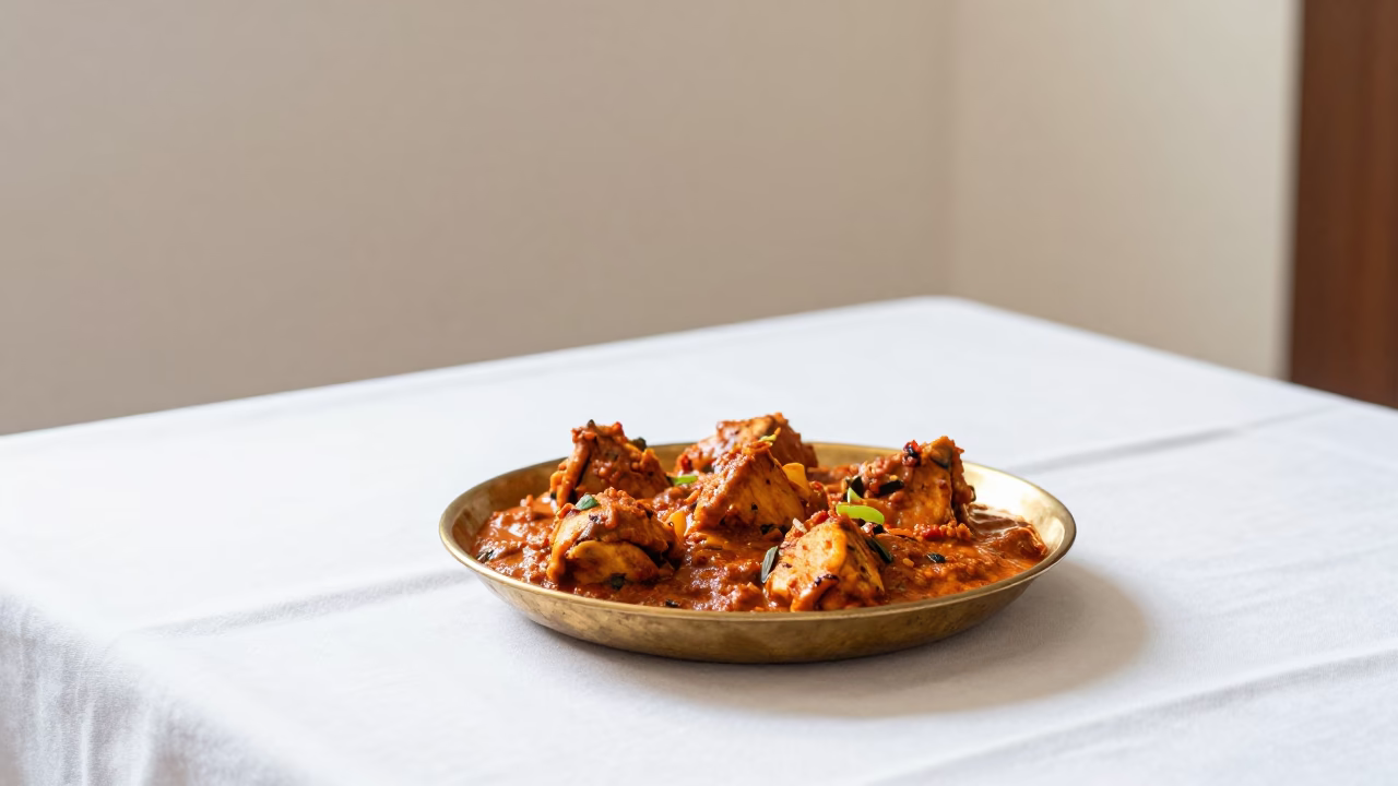 Chicken Tikka Masala on Linen Table in Coimbatore in on a linen-covered restaurant table in Coimbatore