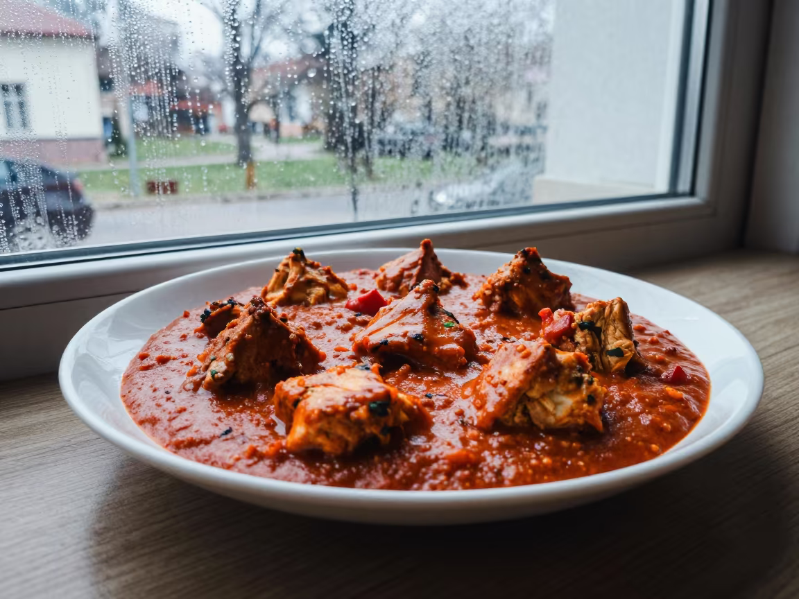 Chicken Tikka Masala on Plate by Window at Dawn in on a ceramic plate by a window in Chișinău