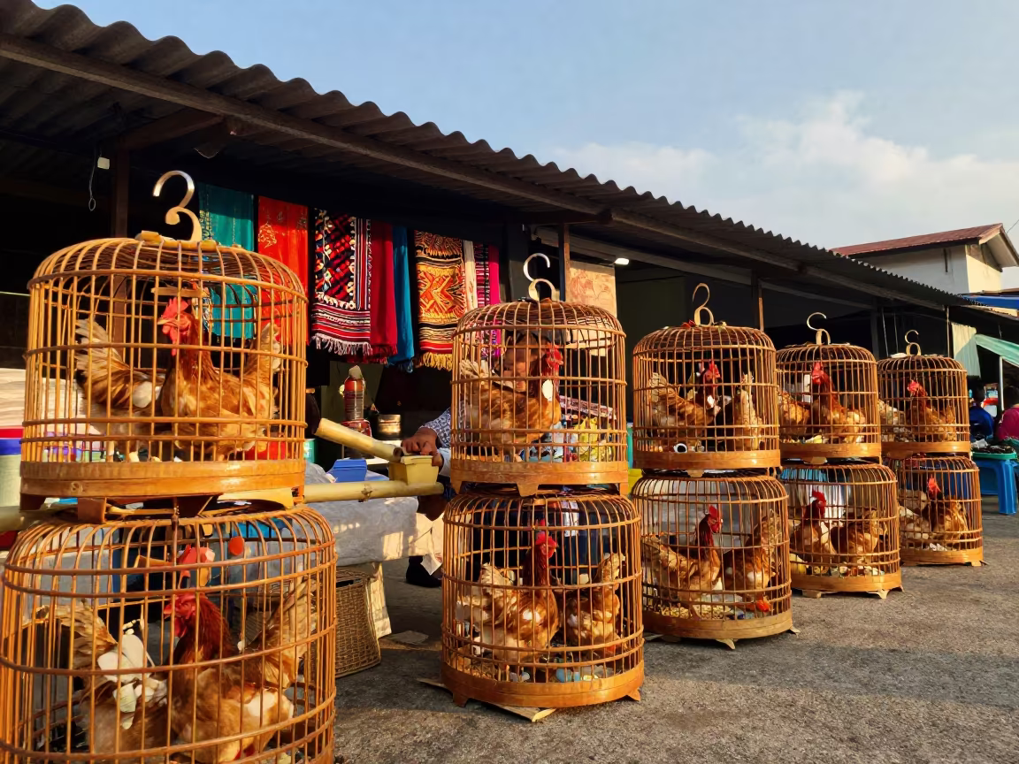 Chicken Vendor at Singapore Textile Stall Golden Hour in at a textile trader's stall in Singapore