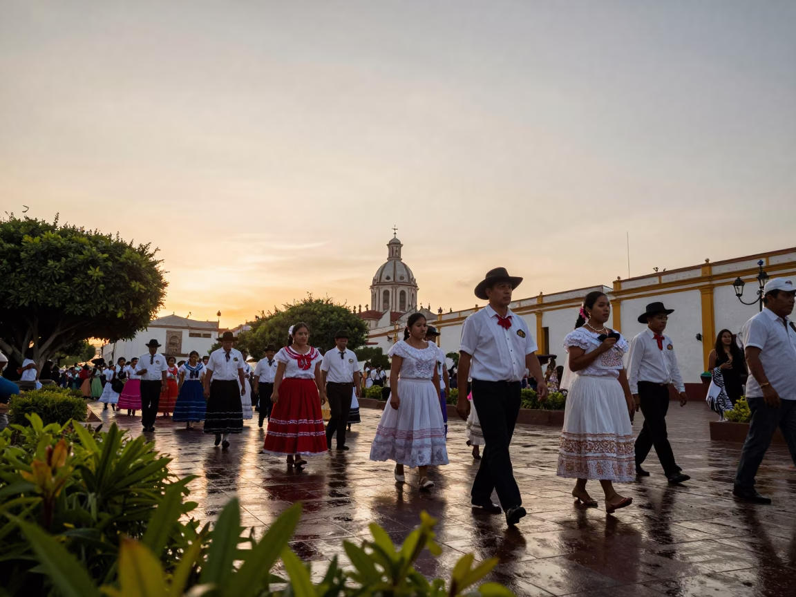 Chiclayo Wedding Procession Golden Hour in at a public square during a festival in Chiclayo