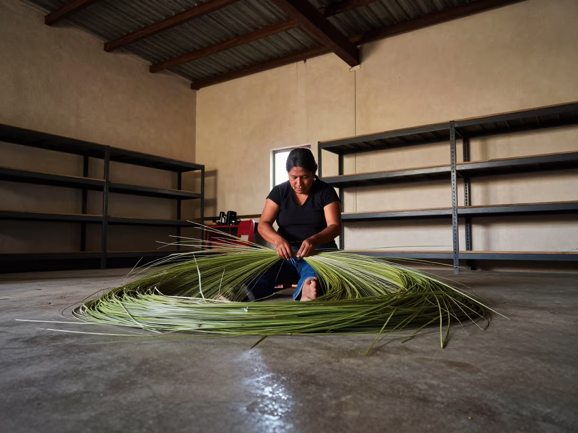 Chihuahua Basket Weaver Coiling Sweetgrass in in a warehouse loft in Chihuahua