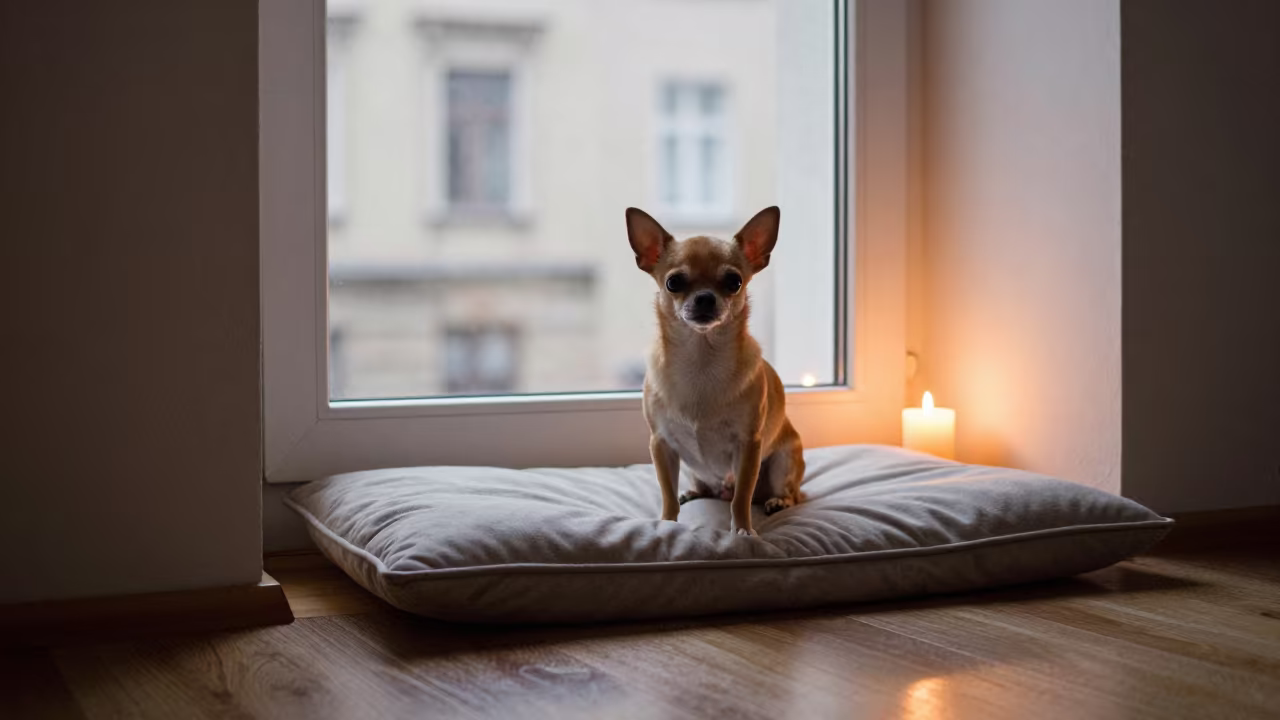 Chihuahua Breed Portrait on Window Seat in on a cushioned window seat with soft side light and an uncluttered background near Bydgoszcz