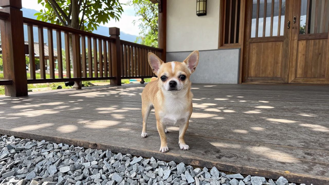 Chihuahua on Shaded Porch Path Near Dali in on a shaded front porch with boards, railings, and eye-level framing near Dali