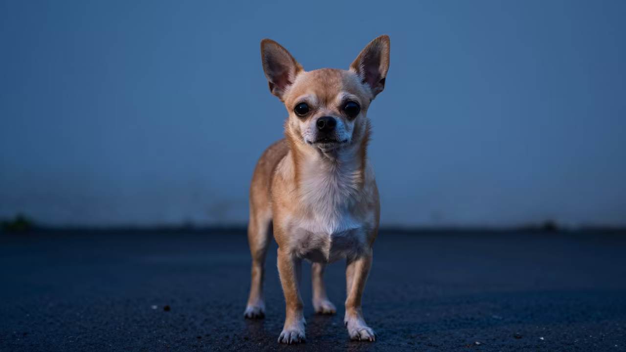 Chihuahua Portrait Against Courtyard Wall in beside a plain courtyard wall in clear daylight with the animal at eye level near Angren