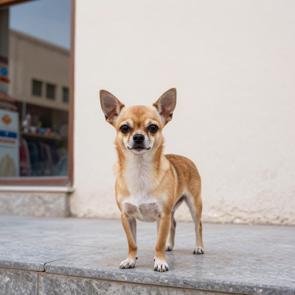 Chihuahua Portrait Beside Sana'a Courtyard Wall in beside a plain courtyard wall in clear daylight with the animal at eye level in Sana'a
