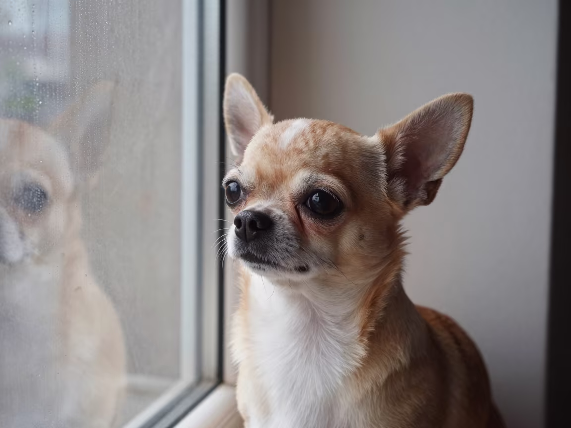 Chihuahua Portrait by Plain Wall in Soft Light in beside a plain plaster wall in soft indoor light with the animal centered in frame near La Asunción