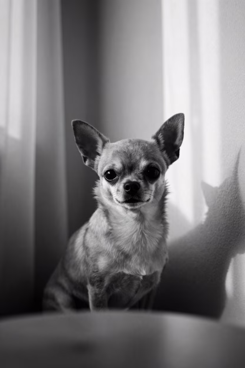Chihuahua Portrait in Chengdu Indoor Light in beside a plain plaster wall in soft indoor light with the animal centered in frame in Taikoo Li, Chengdu