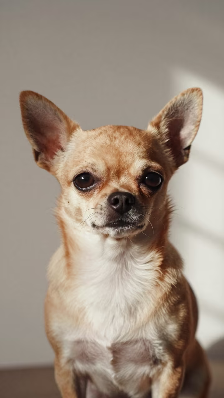 Chihuahua Portrait in Early Autumn Studio Light in in a quiet portrait studio with a plain backdrop and eye-level framing near Gangtok