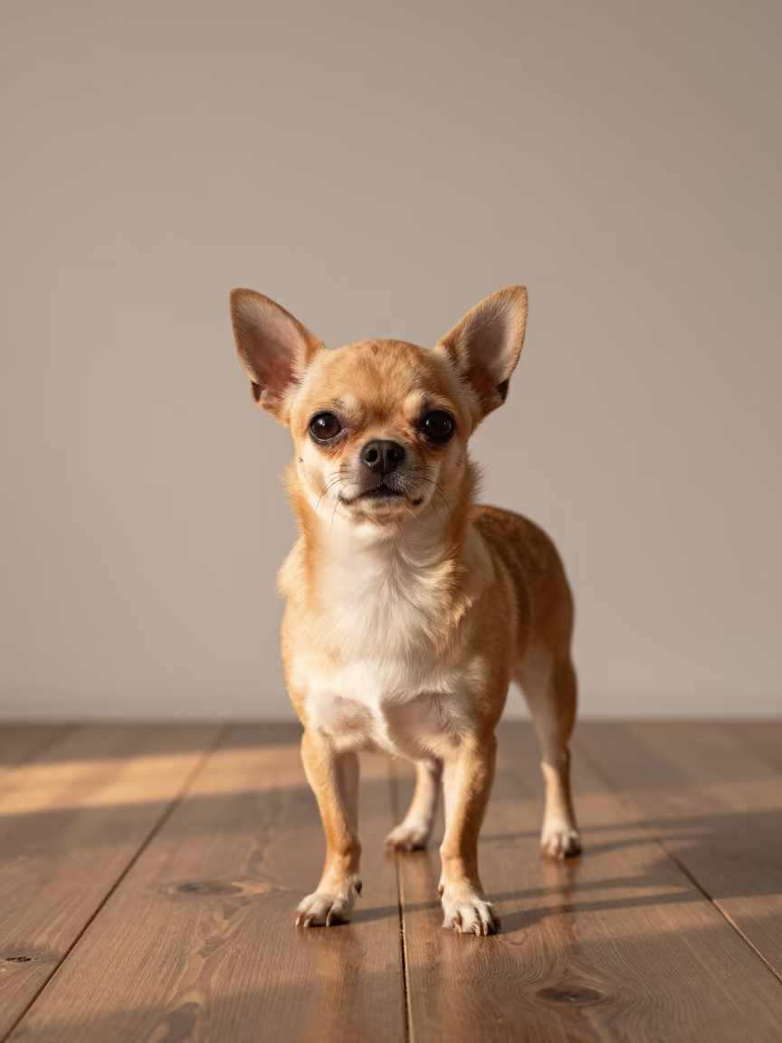 Chihuahua Portrait in Late Afternoon Studio Light in in a quiet portrait studio with a plain backdrop and eye-level framing near Nanchang